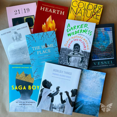 Photograph of 10 books in a pile on brown paper background